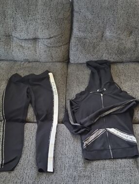 bebe Black Rhinestone-Trim Hoodie & Legging Set with White Side Stripe